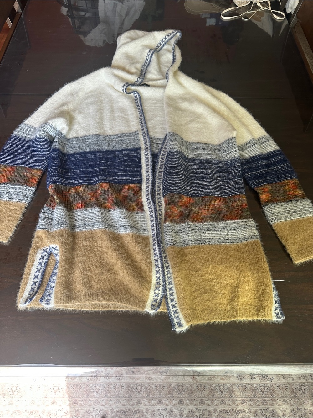 Fate Striped Hooded Cardigan in White, Navy, Brown, Mustard NWOT